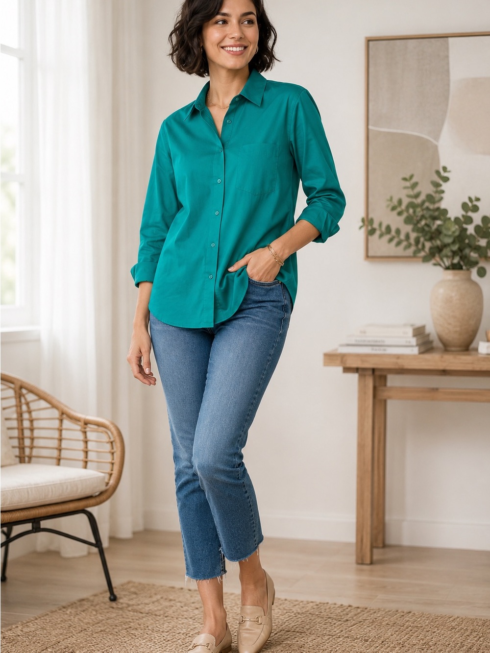 Foxcroft Wrinkle Free Green Button Front Career Blouse Size 14 Classic Shirt - Picture 3 of 8